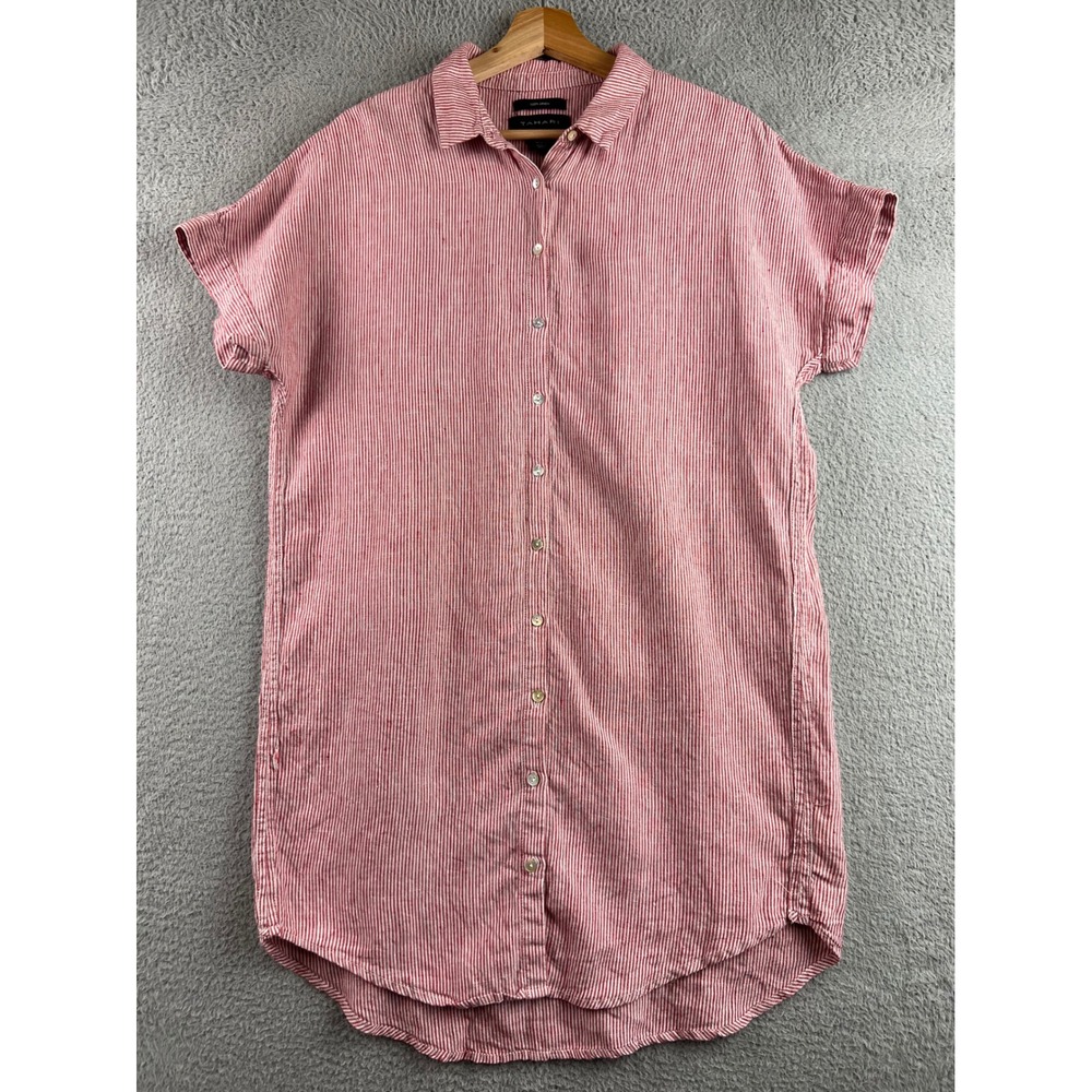 Tahari Red White Striped 100% Linen Button Front Short Sleeve Shirt Dress M
